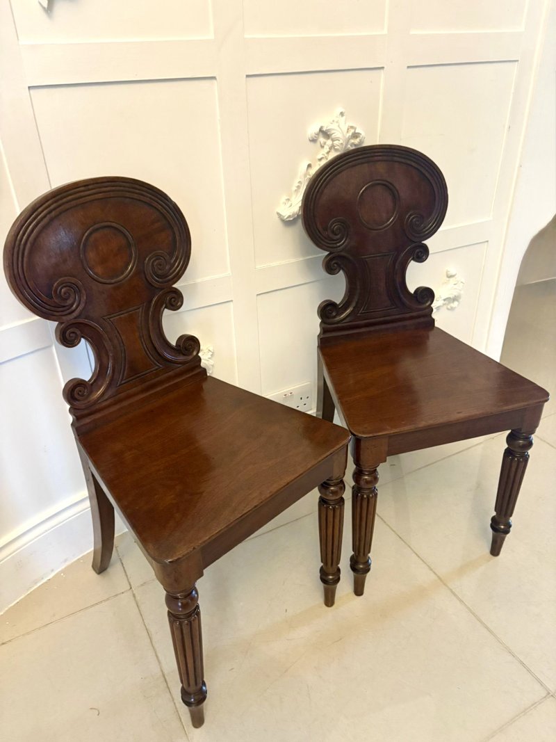Pair of Antique Regency Quality Carved Figured Mahogany Hall Chairs